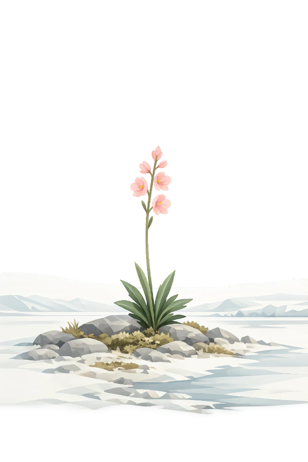 Minimalist Scandinavian alpine willowherb with a tall flowering stem rising above Arctic tundra, delicate pink flowers, generous negative space, and calm low-poly geometric botanical design.
