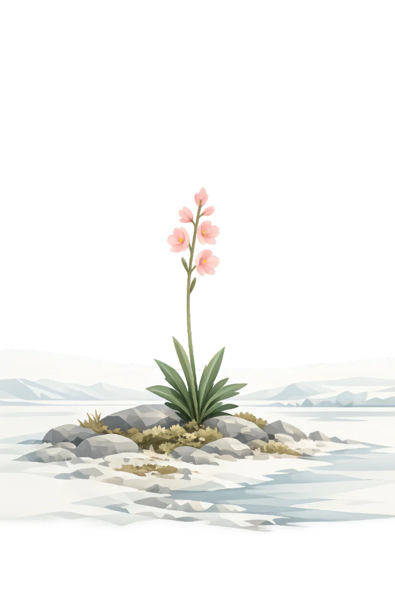 Minimalist Scandinavian alpine willowherb with a tall flowering stem rising above Arctic tundra, delicate pink flowers, generous negative space, and calm low-poly geometric botanical design.