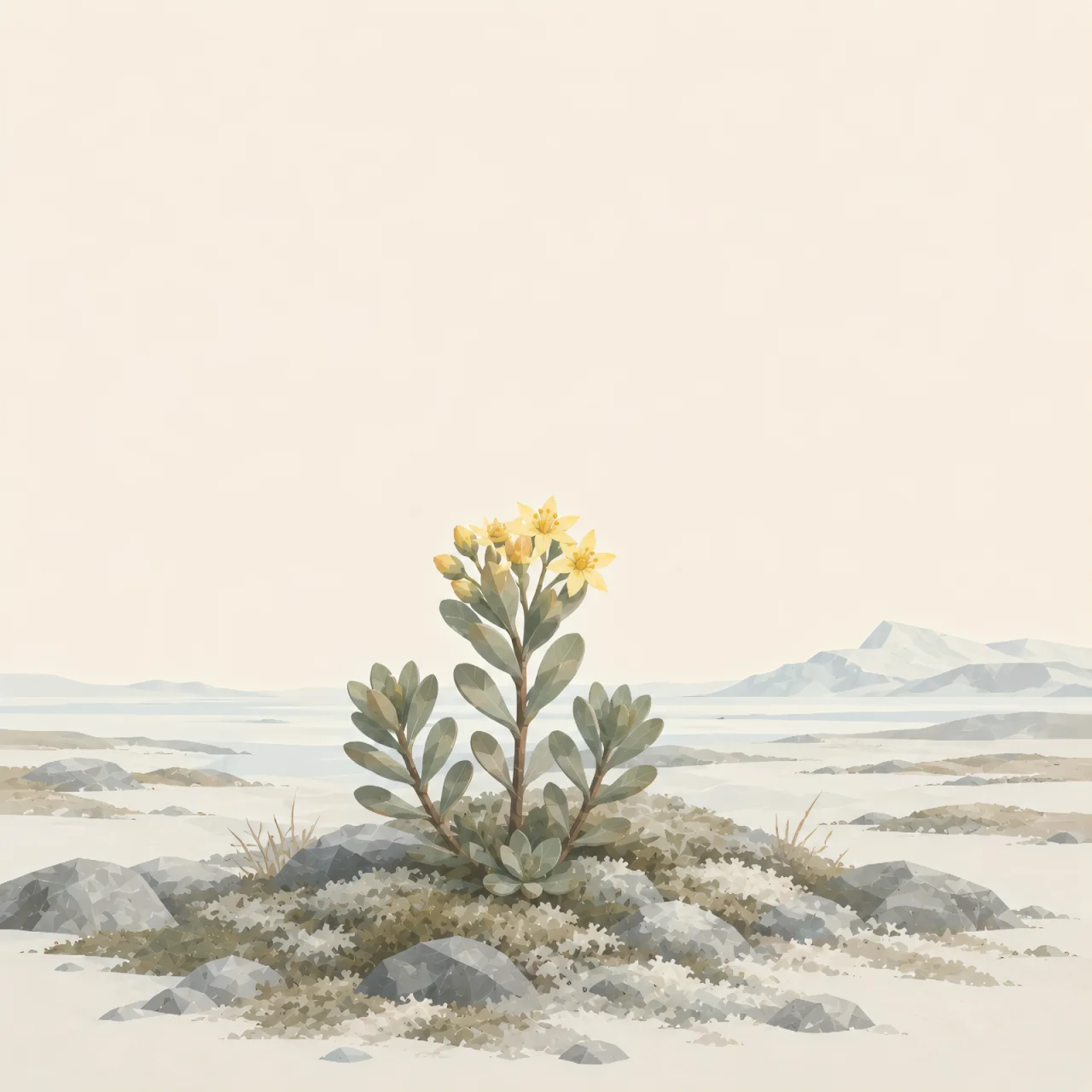 Minimalist Scandinavian Arctic stonecrop with a compact succulent-like plant growing on northern rocks, generous negative space, and calm low-poly geometric botanical design.