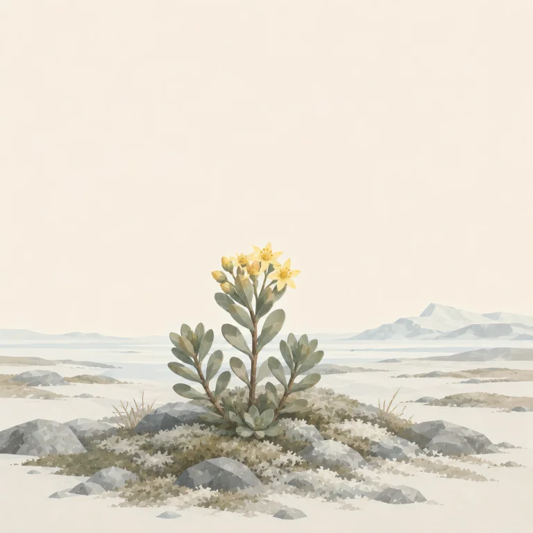 Minimalist Scandinavian Arctic stonecrop with a compact succulent-like plant growing on northern rocks, generous negative space, and calm low-poly geometric botanical design.
