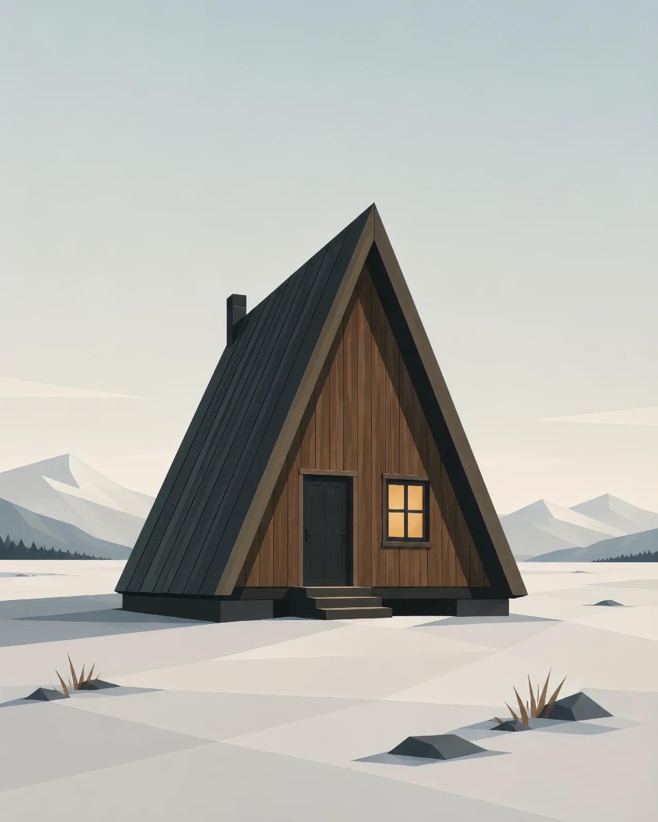 Minimalist Scandinavian A-frame cabin surrounded by northern forest and snowy landscape, featuring geometric design, generous negative space, and calm Nordic atmosphere.
