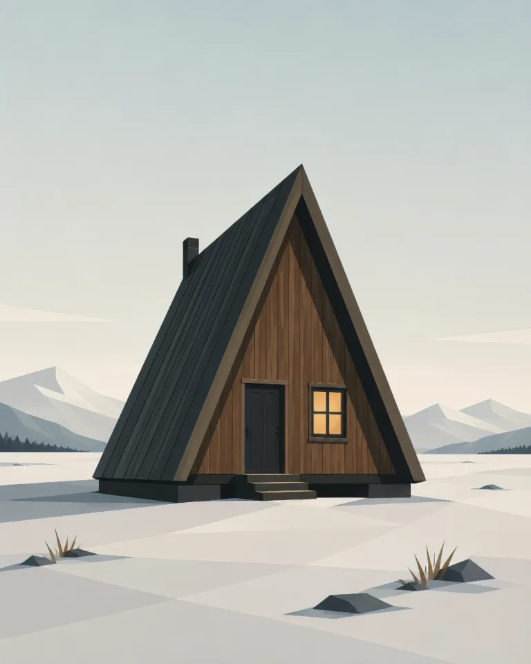 Minimalist Scandinavian A-frame cabin surrounded by northern forest and snowy landscape, featuring geometric design, generous negative space, and calm Nordic atmosphere.