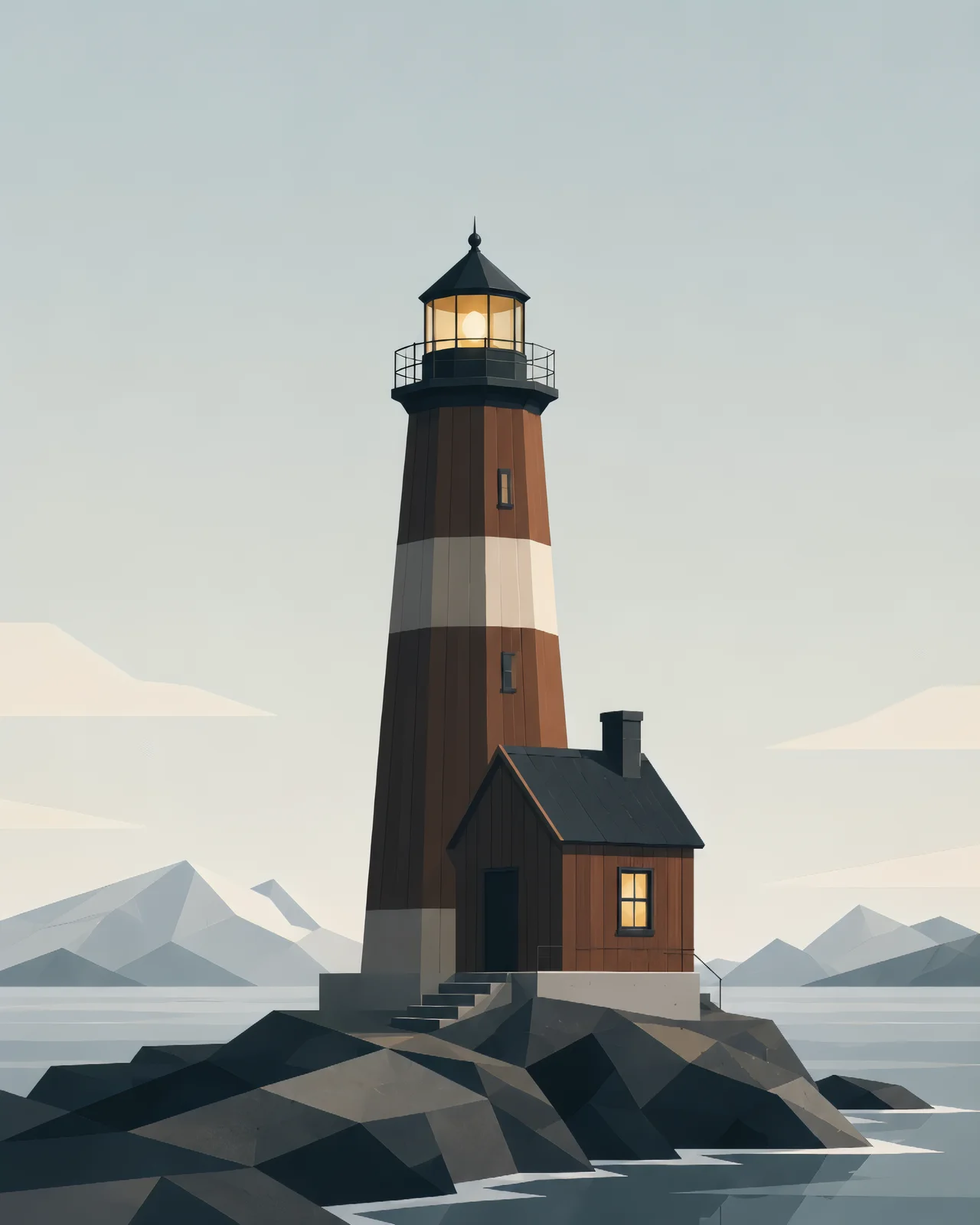 Minimalist Scandinavian lighthouse cabin standing on a rocky northern coastline with a small warm light, wide ocean background, geometric design, and peaceful Nordic atmosphere.