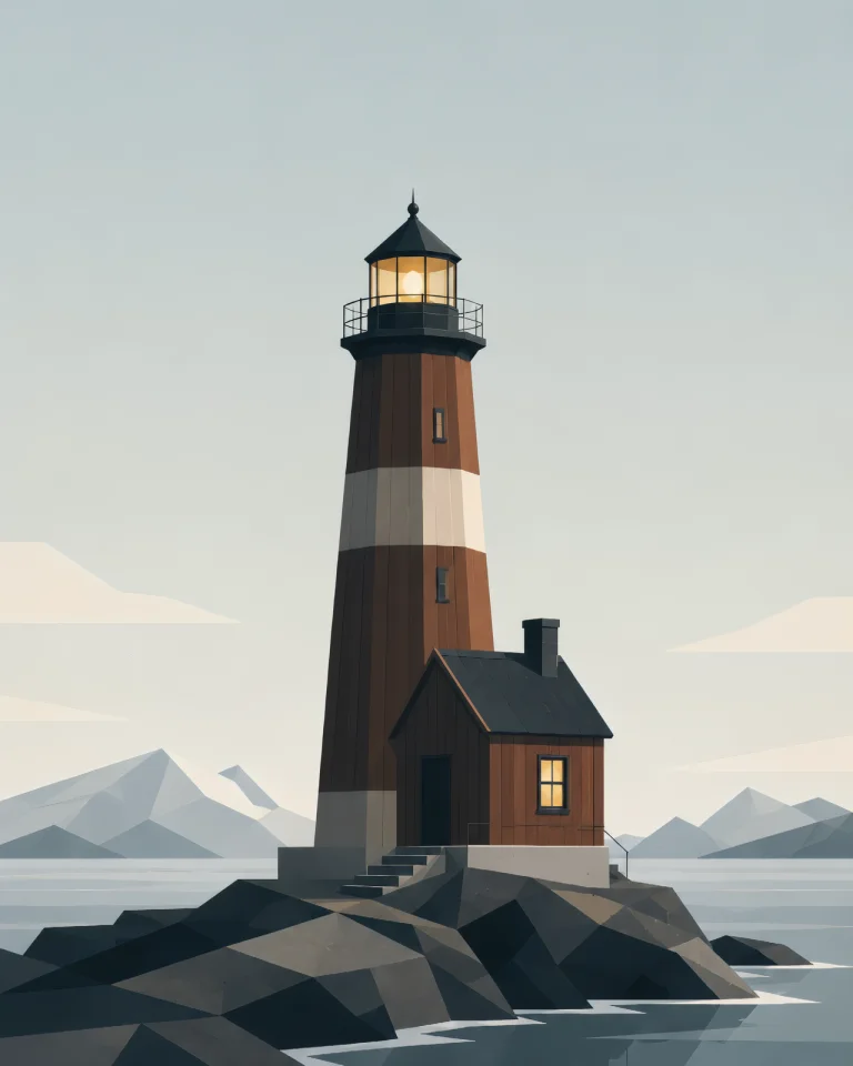 Minimalist Scandinavian lighthouse cabin standing on a rocky northern coastline with a small warm light, wide ocean background, geometric design, and peaceful Nordic atmosphere.