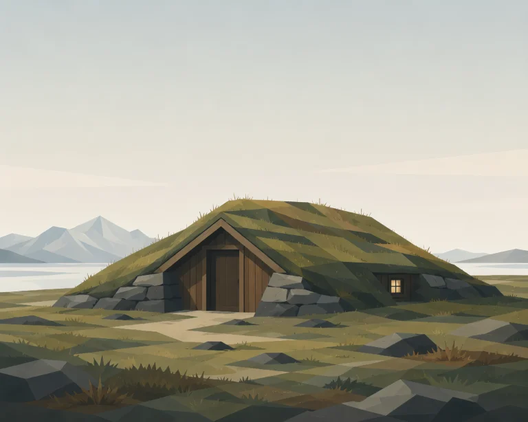 Minimalist Scandinavian earth house integrated into a northern hillside landscape with natural curves, muted colors, geometric design, and peaceful Nordic atmosphere.