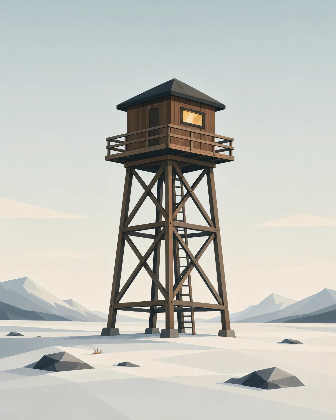 Minimalist Scandinavian watchtower standing alone in a northern landscape with forest and misty background, featuring geometric design, vertical silhouette, and peaceful Nordic atmosphere.