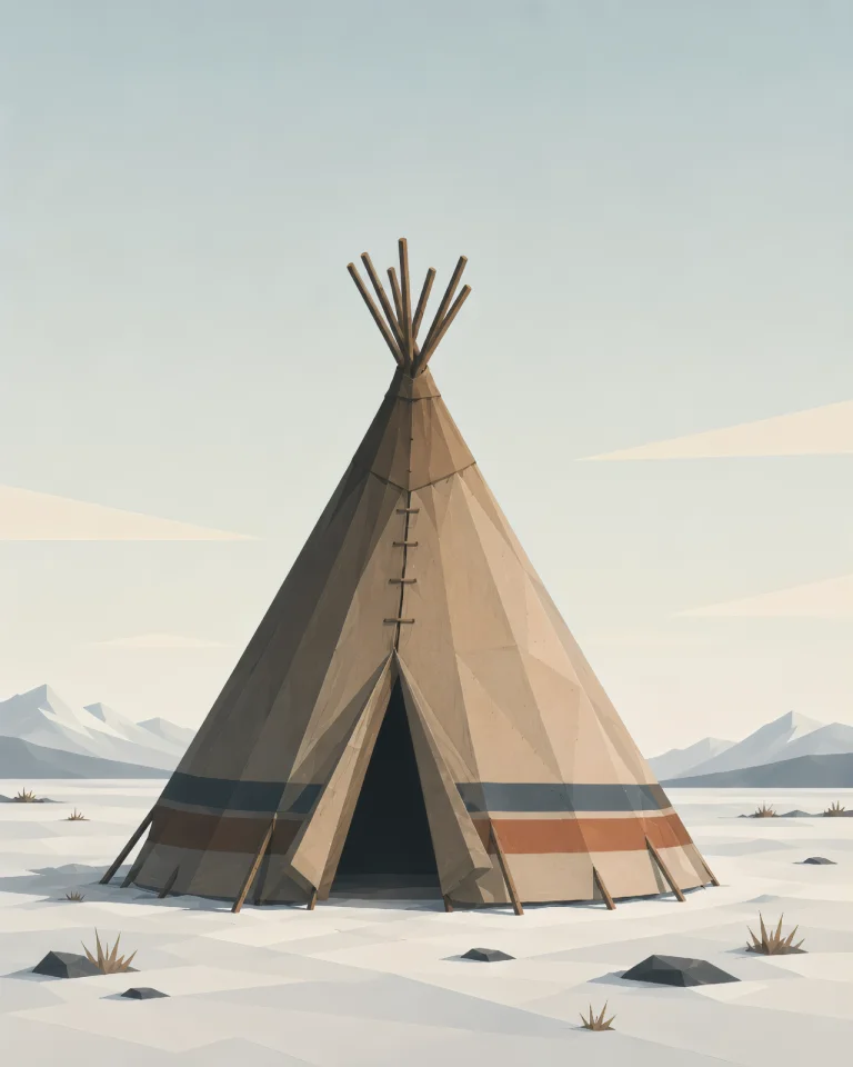 Minimalist Scandinavian lavvu traditional northern shelter standing in a snowy landscape with forest surroundings, featuring geometric cone shape, Nordic design, and peaceful atmosphere.