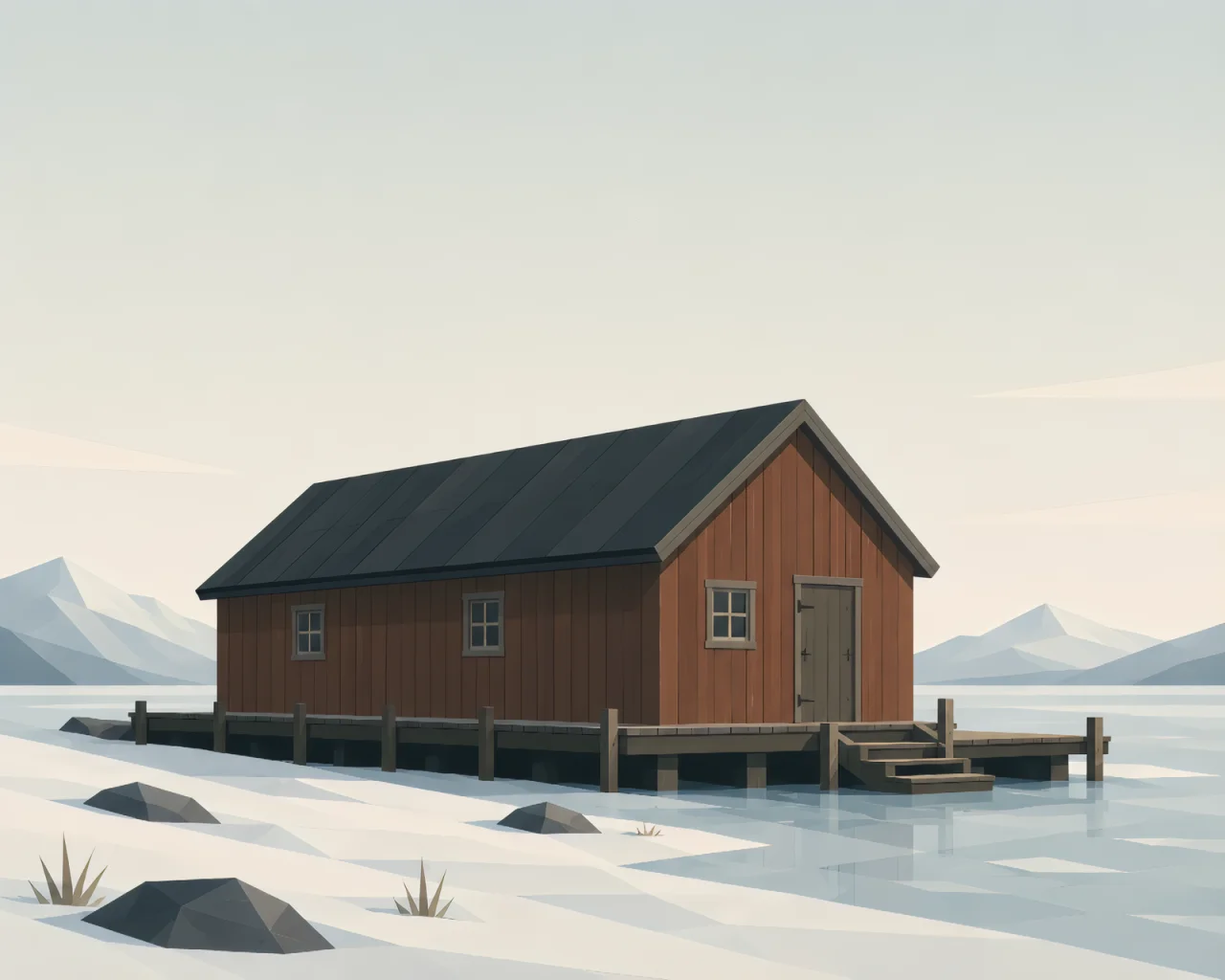 Minimalist Scandinavian northern harbor with a small wooden pier, single boat, calm ocean reflection, rocky coastline, and quiet geometric Nordic design.
