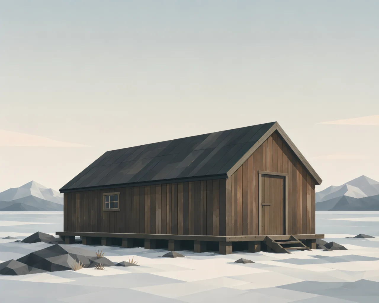 Minimalist Scandinavian fishing shed on a northern coastline with weathered wooden walls, calm ocean water, rocky shore, and a quiet Nordic geometric design.