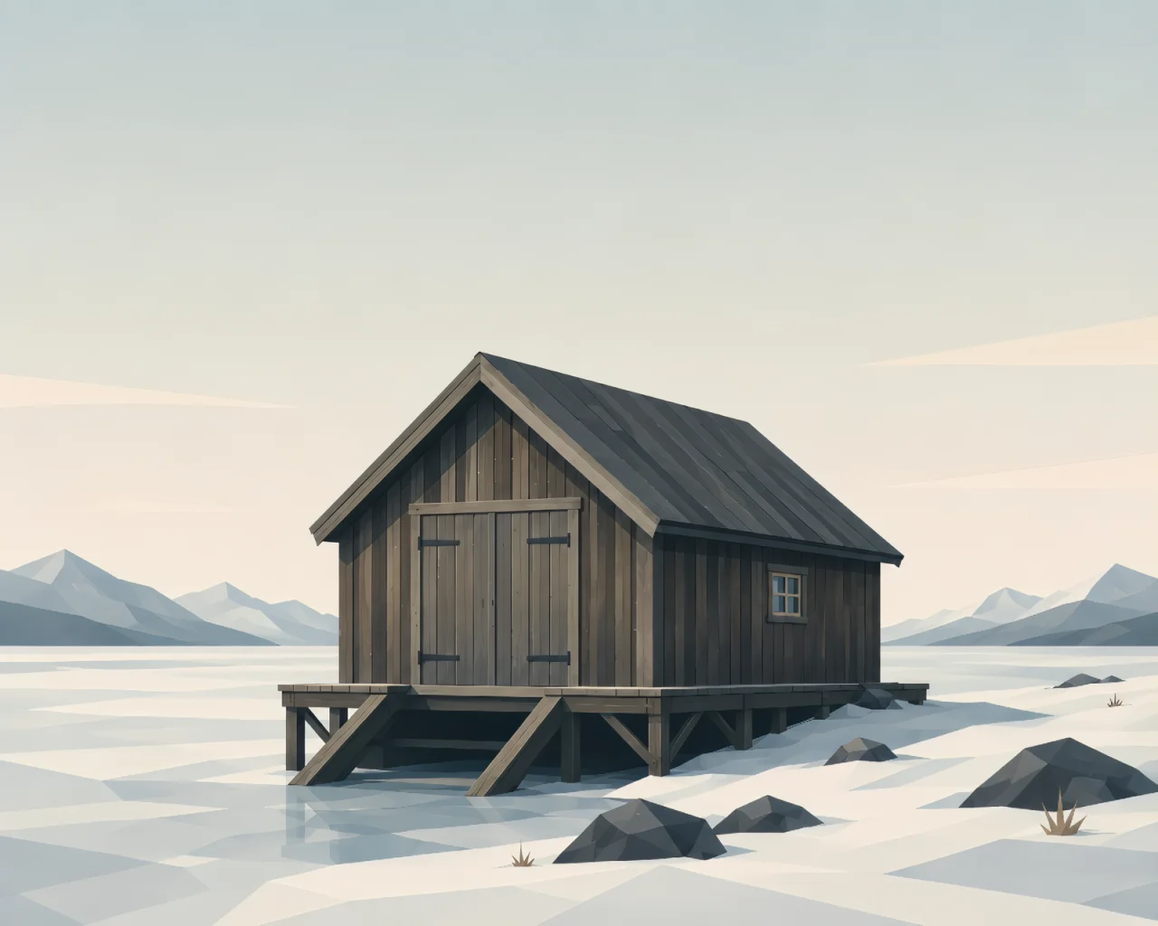 Minimalist Scandinavian boathouse beside a calm northern lake with wooden structure, small boat, water reflection, and peaceful Nordic geometric design.