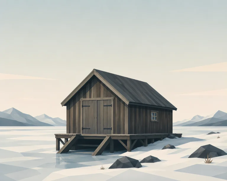 Minimalist Scandinavian boathouse beside a calm northern lake with wooden structure, small boat, water reflection, and peaceful Nordic geometric design.