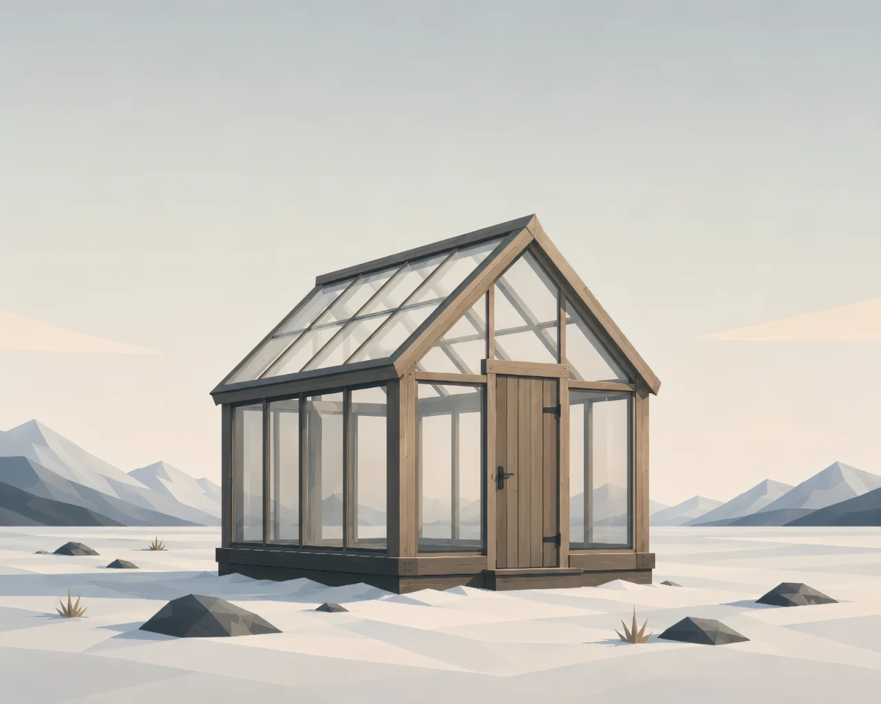 Minimalist Scandinavian greenhouse in a snowy northern landscape with geometric glass structure, warm interior light, surrounding forest, and peaceful Nordic design.