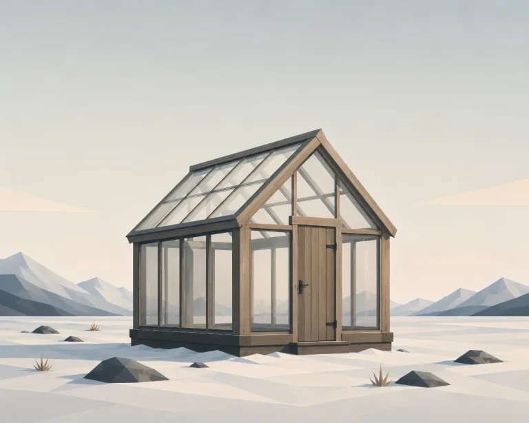 Minimalist Scandinavian greenhouse in a snowy northern landscape with geometric glass structure, warm interior light, surrounding forest, and peaceful Nordic design.