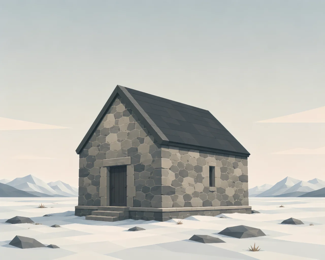 Minimalist Scandinavian chapel in a snowy northern landscape with simple triangular roof silhouette, warm window light, forest background, and peaceful Nordic design.