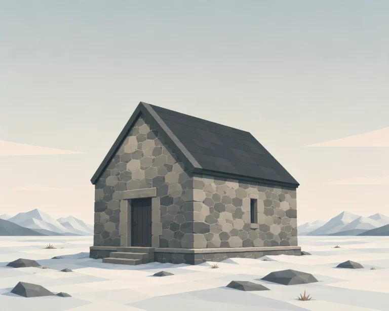 Minimalist Scandinavian chapel in a snowy northern landscape with simple triangular roof silhouette, warm window light, forest background, and peaceful Nordic design.