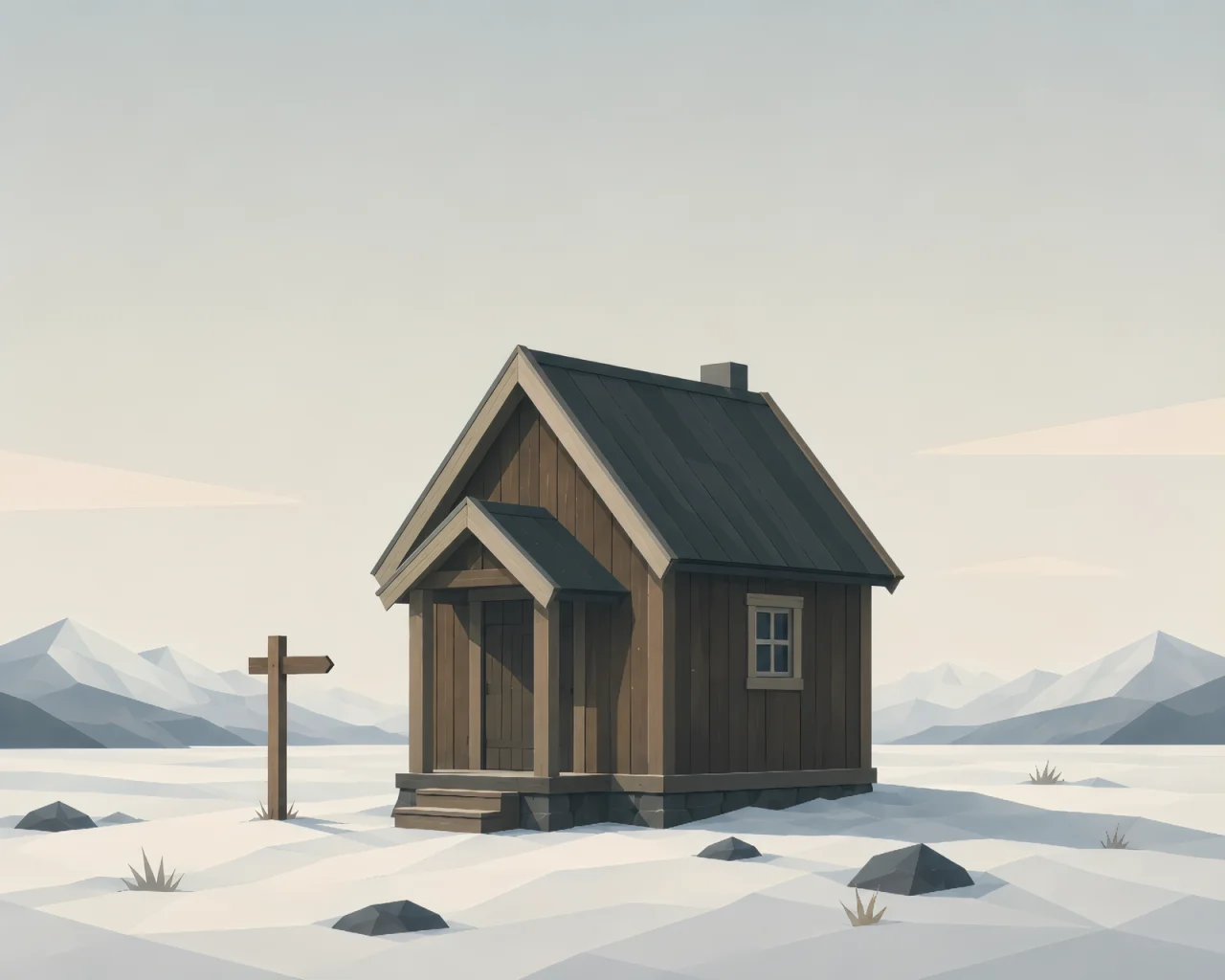 Minimalist Scandinavian post house in a snowy northern landscape with a simple wooden building silhouette, small warm light, forest background, and calm Nordic geometric design.