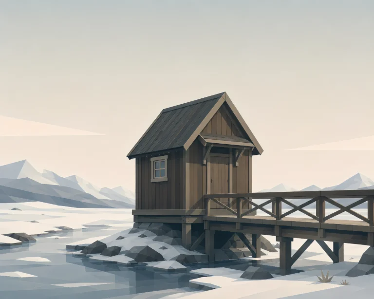 Minimalist Scandinavian bridge hut with wooden bridge crossing a northern river valley, simple geometric cabin silhouette, misty landscape, and calm Nordic design.