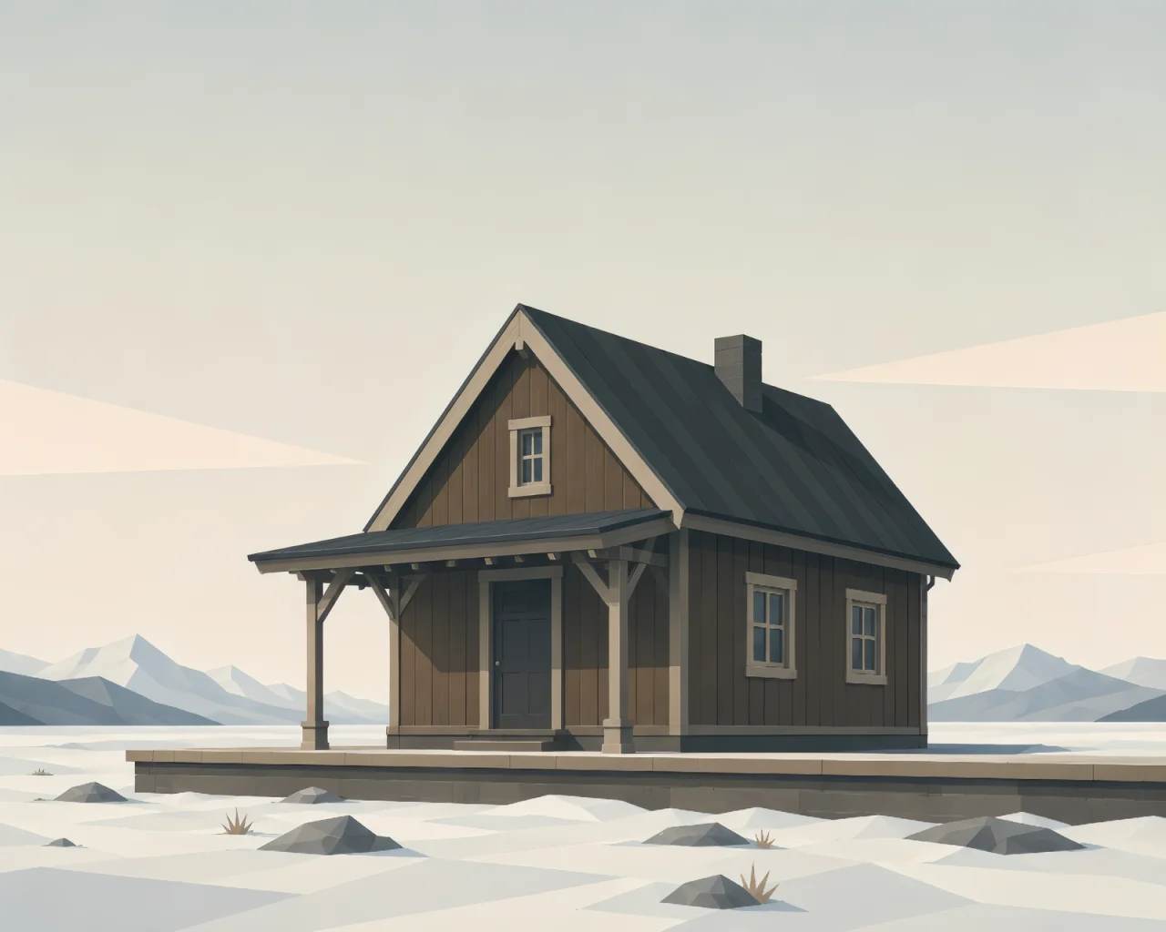 Minimalist Scandinavian station cabin in a snowy northern landscape with simple wooden architecture, small warm window light, railway elements, and calm Nordic geometric design.