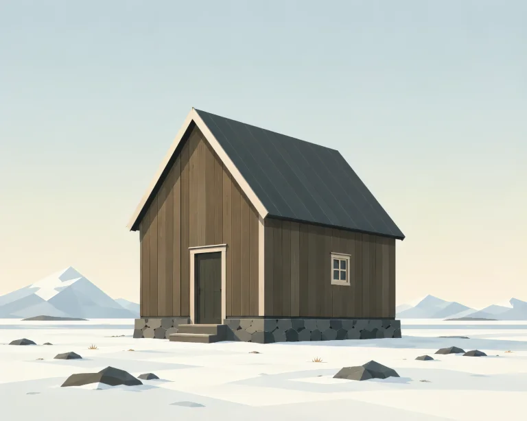 Minimalist Scandinavian archive house in a snowy northern landscape with a simple stone and wood structure, small warm window light, forest surroundings, and calm Nordic geometric design.
