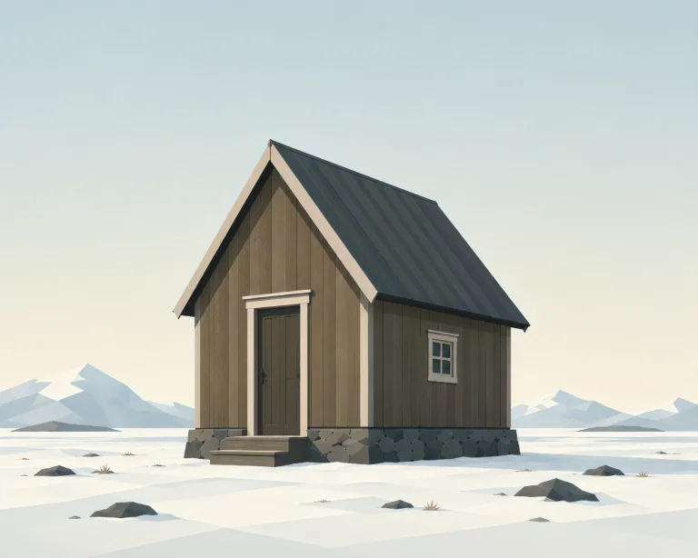 Minimalist Scandinavian memorial cabin in a quiet northern forest landscape with simple wooden architecture, a small symbolic stone, soft warm light, and calm Nordic geometric design.