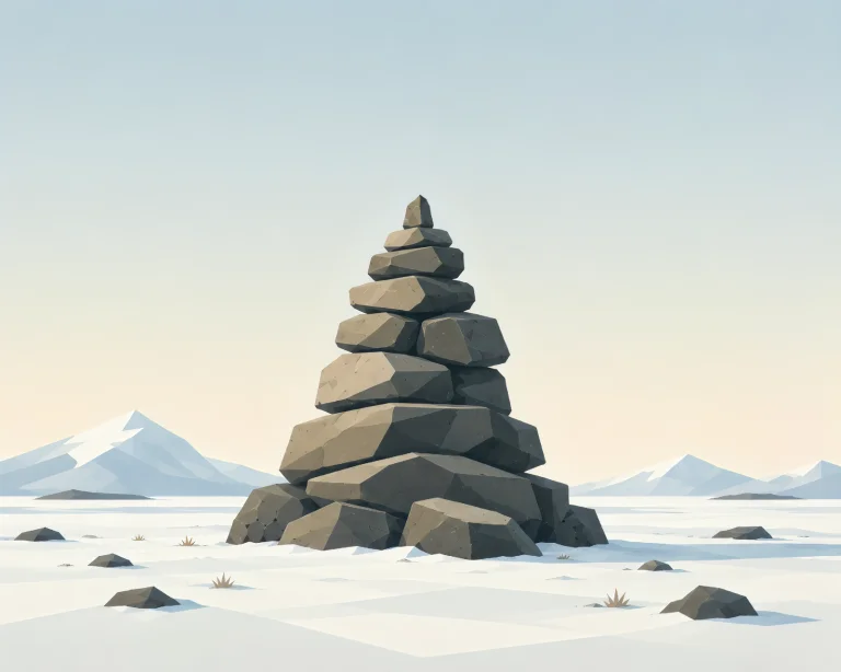 Minimalist Scandinavian memory cairn made of stacked stones in a northern mountain landscape with a distant trail, muted colors, wide negative space, and calm geometric Nordic design.