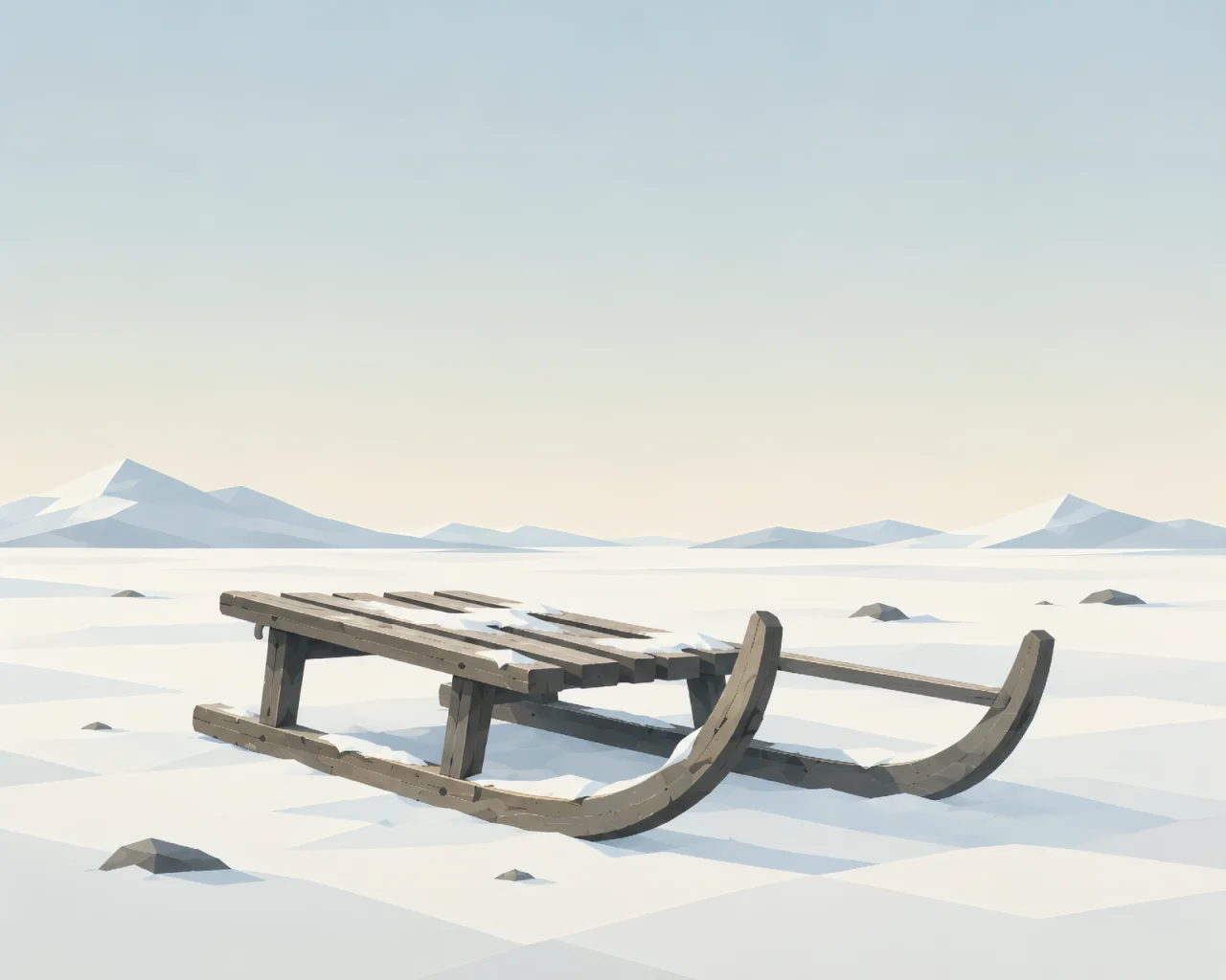 Minimalist Scandinavian sled resting on a snowy northern landscape with a curved wooden frame, distant mountains, soft winter light, and calm Nordic geometric design.