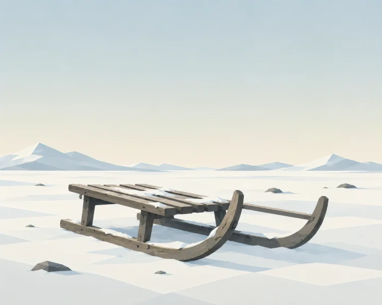 Minimalist Scandinavian sled resting on a snowy northern landscape with a curved wooden frame, distant mountains, soft winter light, and calm Nordic geometric design.