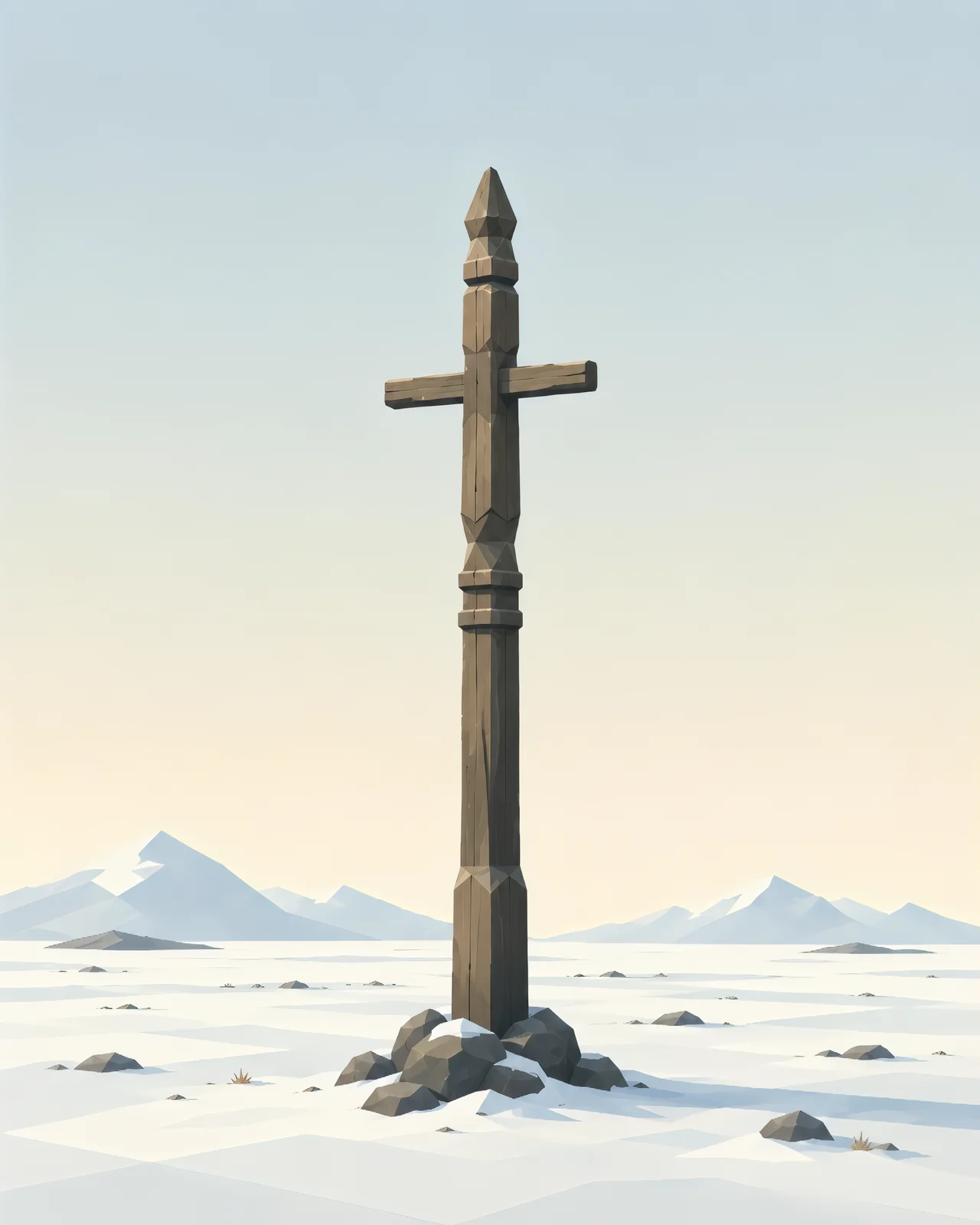 Minimalist Nordic prayer pole standing alone in a northern landscape with mountains, snow, and wide negative space in a calm geometric Scandinavian design.