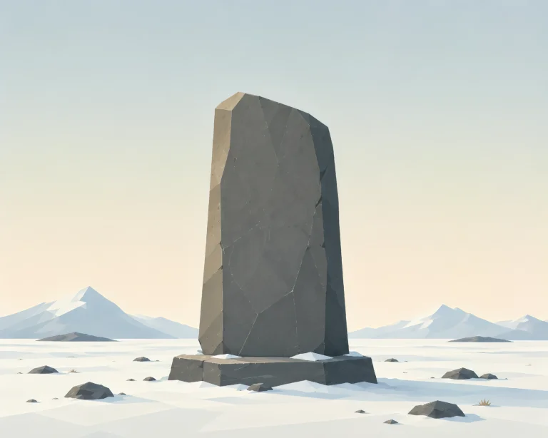Minimalist Nordic record stone standing alone in a northern tundra landscape with abstract markings, wide negative space, and a calm geometric Scandinavian design.