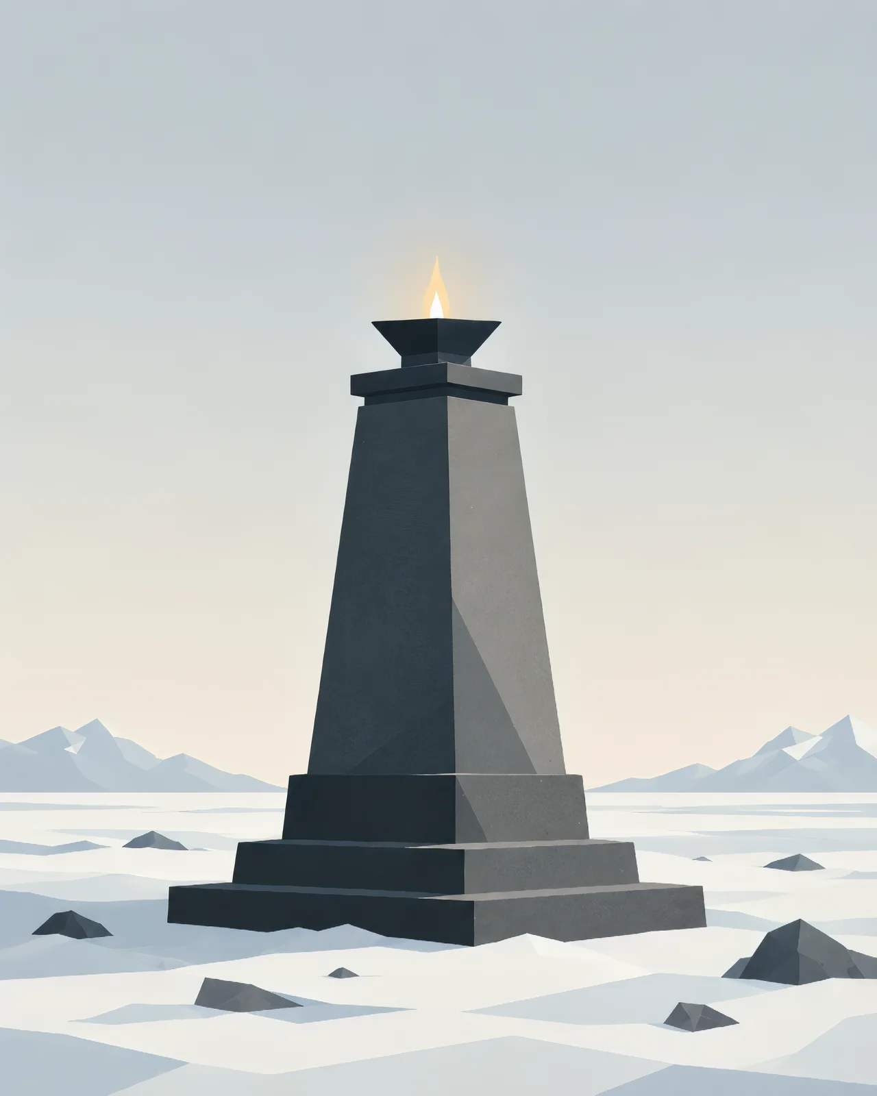 Minimalist Nordic eternal flame with a warm golden light on a stone base in a dark northern landscape, surrounded by snow, mountains, and wide negative space.