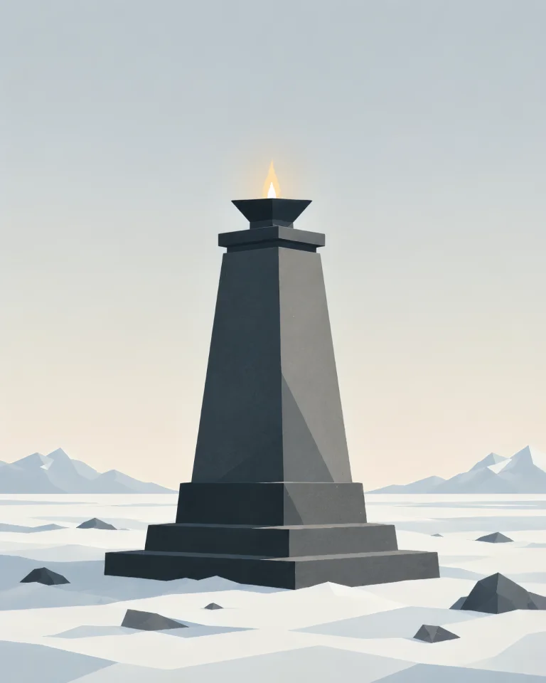 Minimalist Nordic eternal flame with a warm golden light on a stone base in a dark northern landscape, surrounded by snow, mountains, and wide negative space.