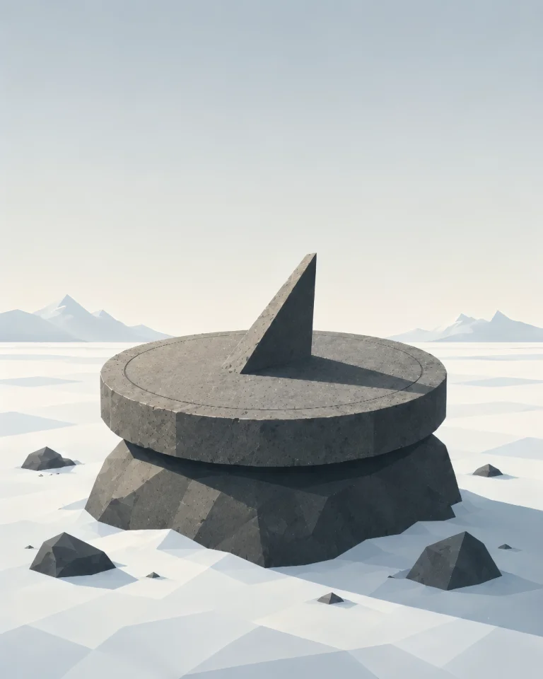 Minimalist Nordic sundial stone with circular geometric structure standing in a northern landscape, showing light and shadow across a quiet wilderness with wide negative space.