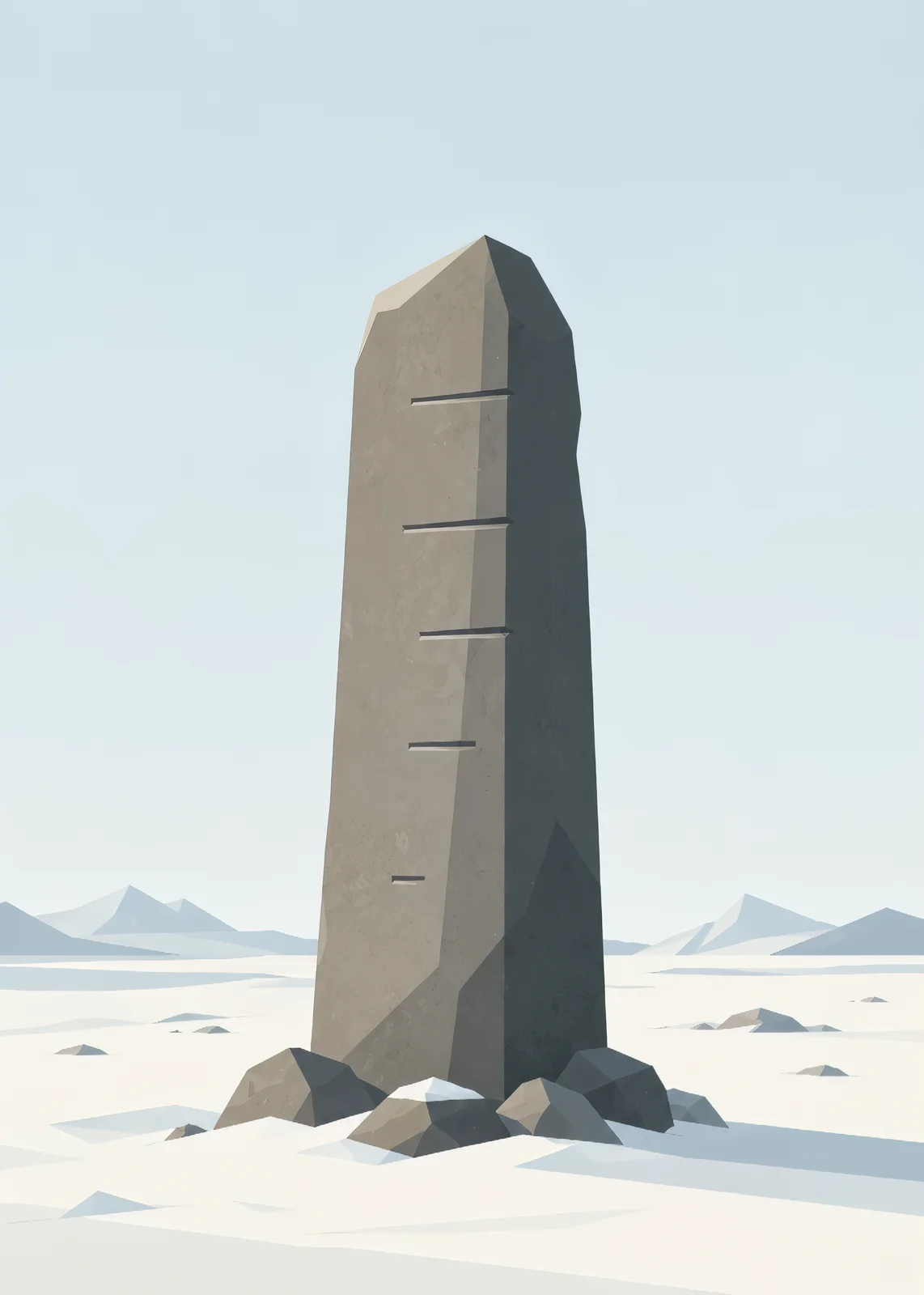 Minimalist Nordic seasonal marker with a simple stone pillar silhouette standing in a northern landscape, representing seasonal cycles, natural change, and quiet wilderness with wide negative space.
