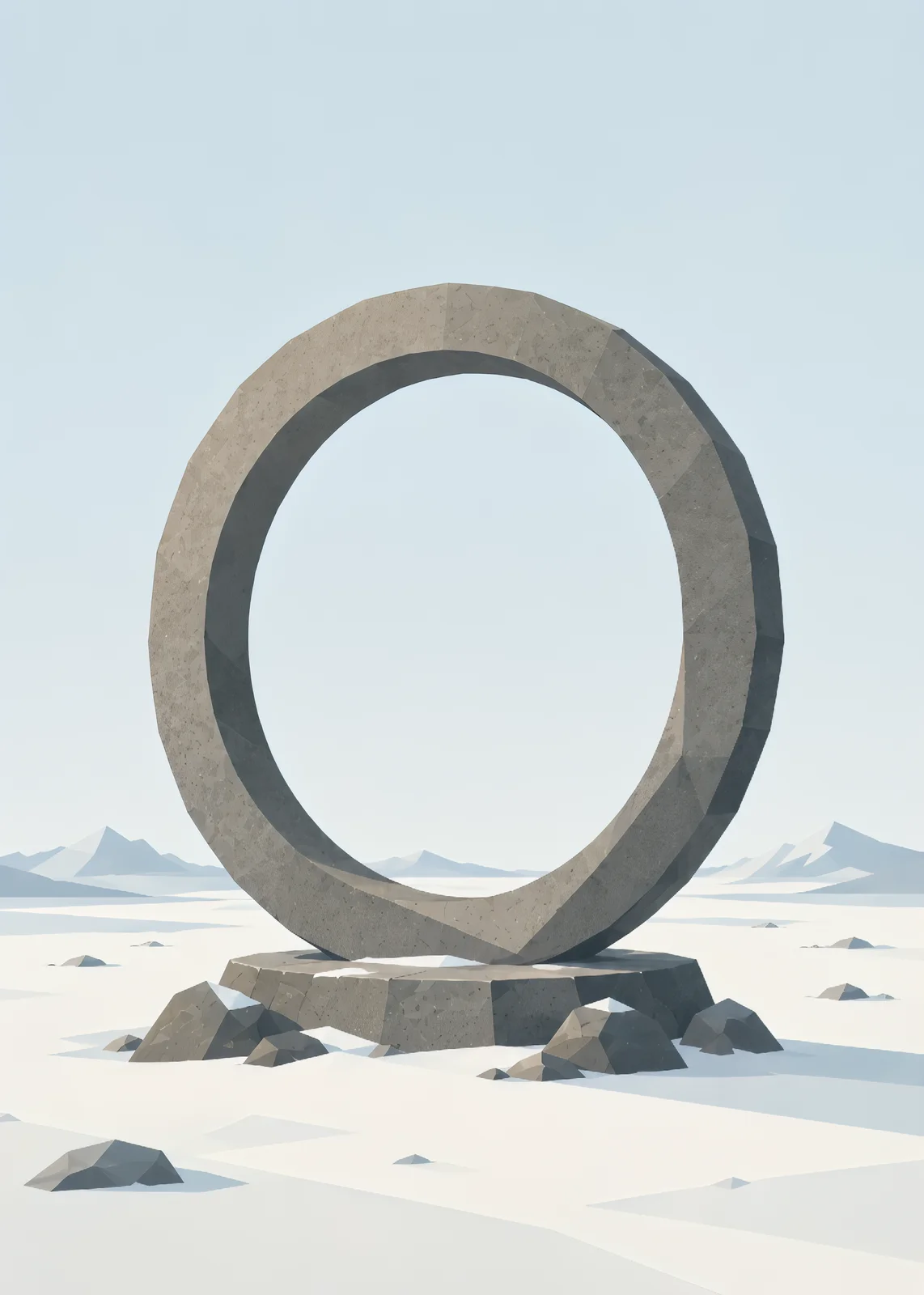 Minimalist Nordic time ring symbol standing in a northern landscape, featuring a circular geometric form, wide negative space, muted colors, and a quiet representation of eternal time cycles.