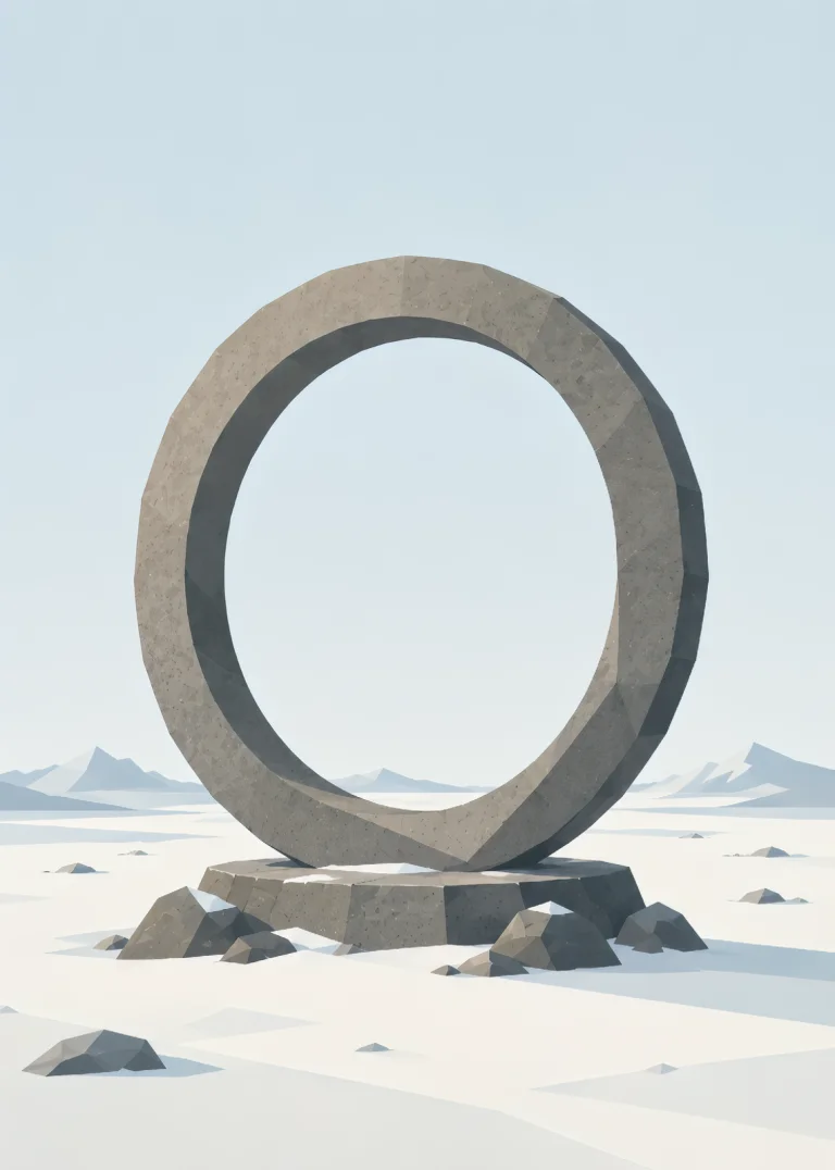 Minimalist Nordic time ring symbol standing in a northern landscape, featuring a circular geometric form, wide negative space, muted colors, and a quiet representation of eternal time cycles.