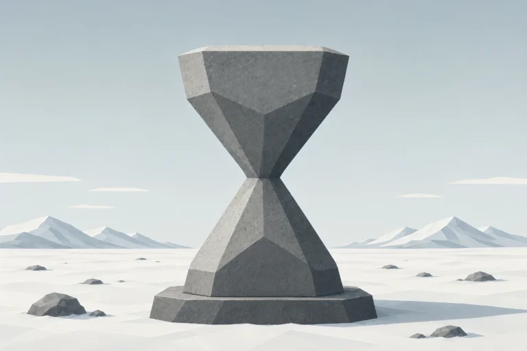 Minimalist Nordic hourglass stone symbol standing in a northern landscape, featuring a vertical geometric form, muted colors, wide negative space, and a quiet representation of flowing time.