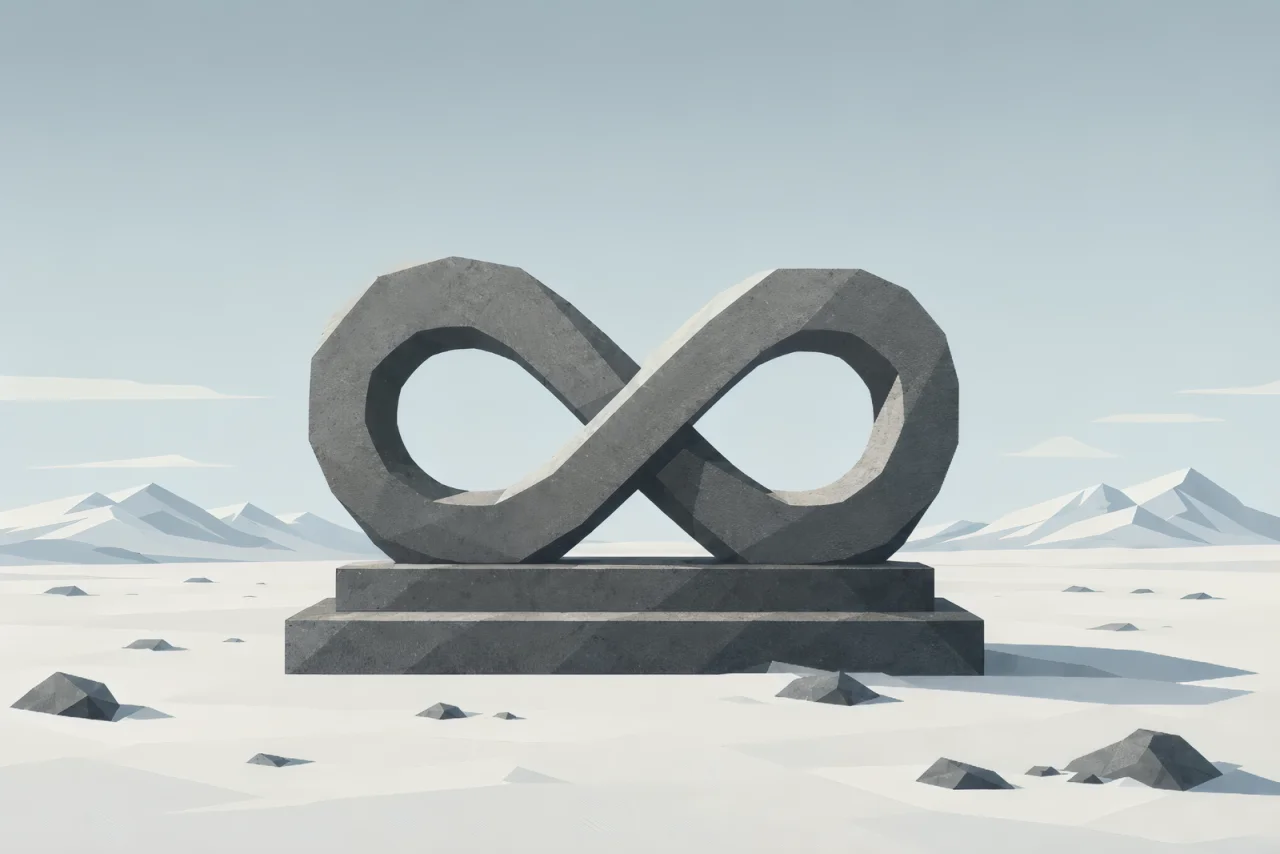 Minimalist Nordic eternal stone symbol standing in a northern landscape, featuring a powerful geometric stone silhouette, wide negative space, muted colors, and a quiet representation of timeless existence.