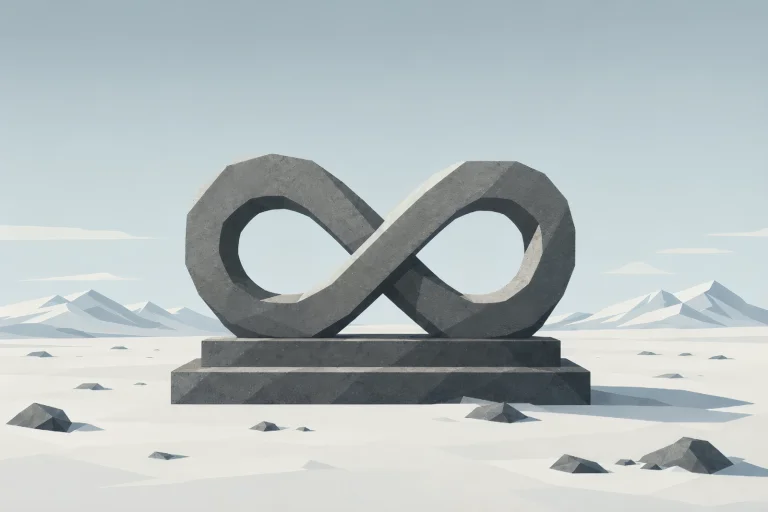 Minimalist Nordic eternal stone symbol standing in a northern landscape, featuring a powerful geometric stone silhouette, wide negative space, muted colors, and a quiet representation of timeless existence.