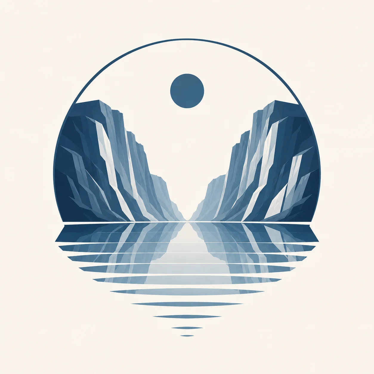 Minimalist Nordic fjord landscape with dramatic mountain cliffs reflected in calm blue water, wide negative space, and peaceful Scandinavian wilderness atmosphere.