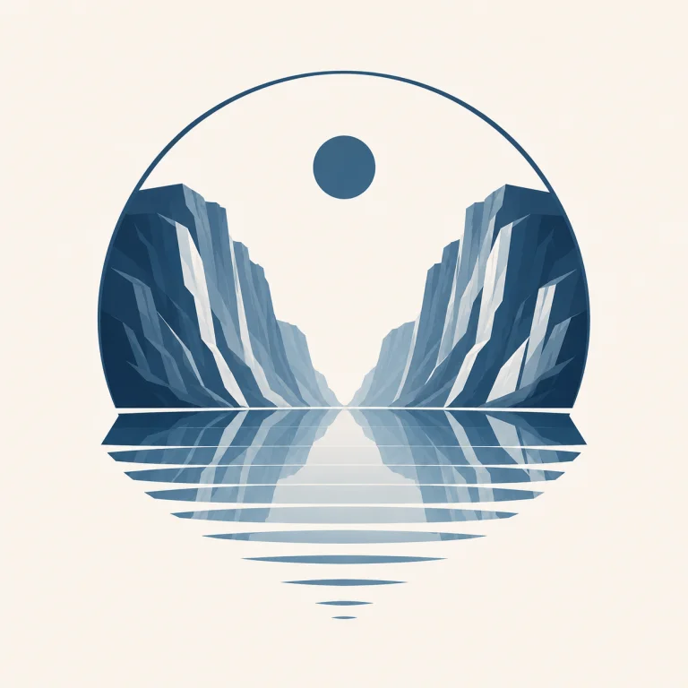 Minimalist Nordic fjord landscape with dramatic mountain cliffs reflected in calm blue water, wide negative space, and peaceful Scandinavian wilderness atmosphere.
