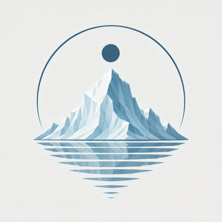 Minimalist Nordic iceberg landscape with Arctic blue water reflection, floating ice formation, wide negative space, and peaceful Scandinavian polar atmosphere.