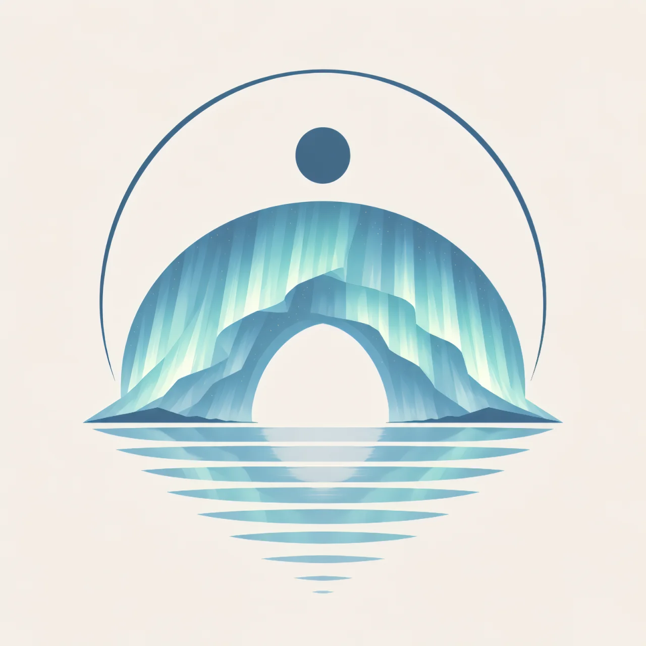 Minimalist Nordic Arctic landscape with subtle aurora lights reflected on icy water, deep navy sky, glacier scenery, and peaceful Scandinavian polar atmosphere.