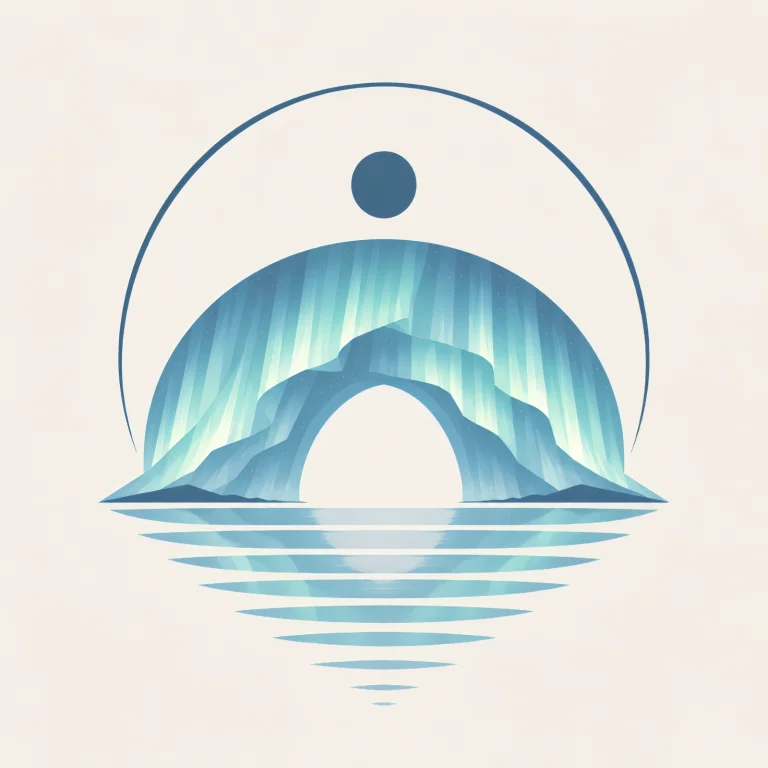 Minimalist Nordic Arctic landscape with subtle aurora lights reflected on icy water, deep navy sky, glacier scenery, and peaceful Scandinavian polar atmosphere.