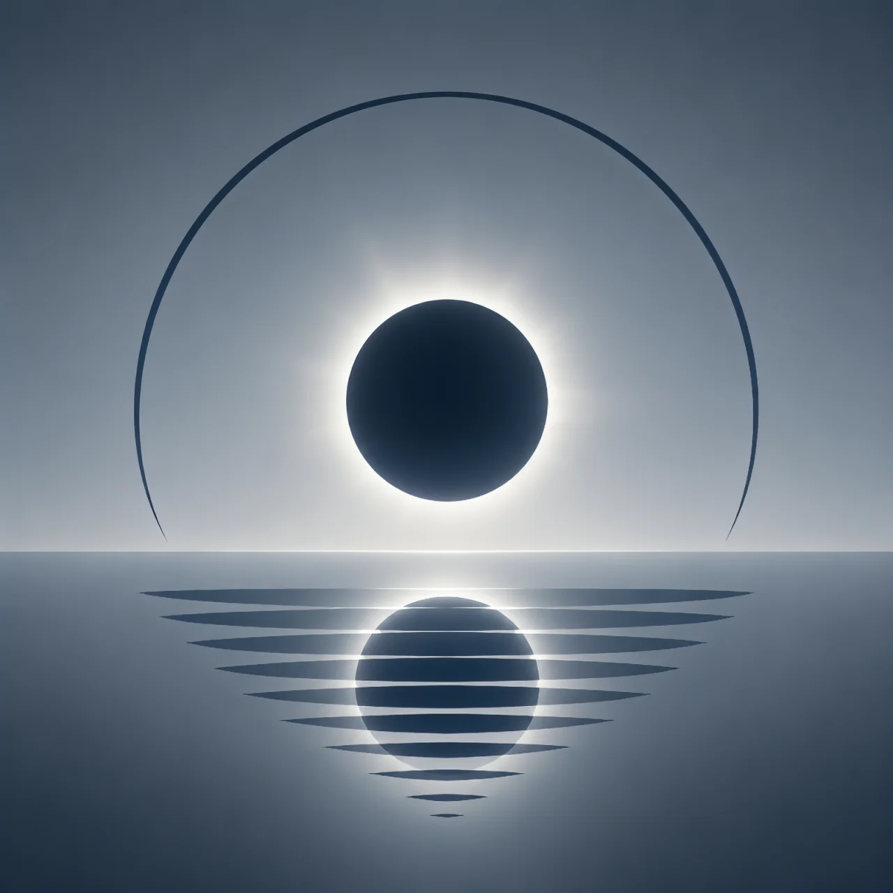 Minimalist Scandinavian mountain landscape showing a silent eclipse over a symmetrical lake reflection, deep Nordic blue tones, soft shadow, clean composition, and peaceful natural atmosphere.