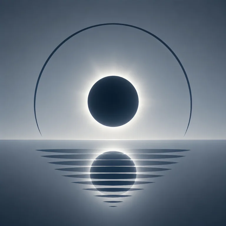 Minimalist Scandinavian mountain landscape showing a silent eclipse over a symmetrical lake reflection, deep Nordic blue tones, soft shadow, clean composition, and peaceful natural atmosphere.