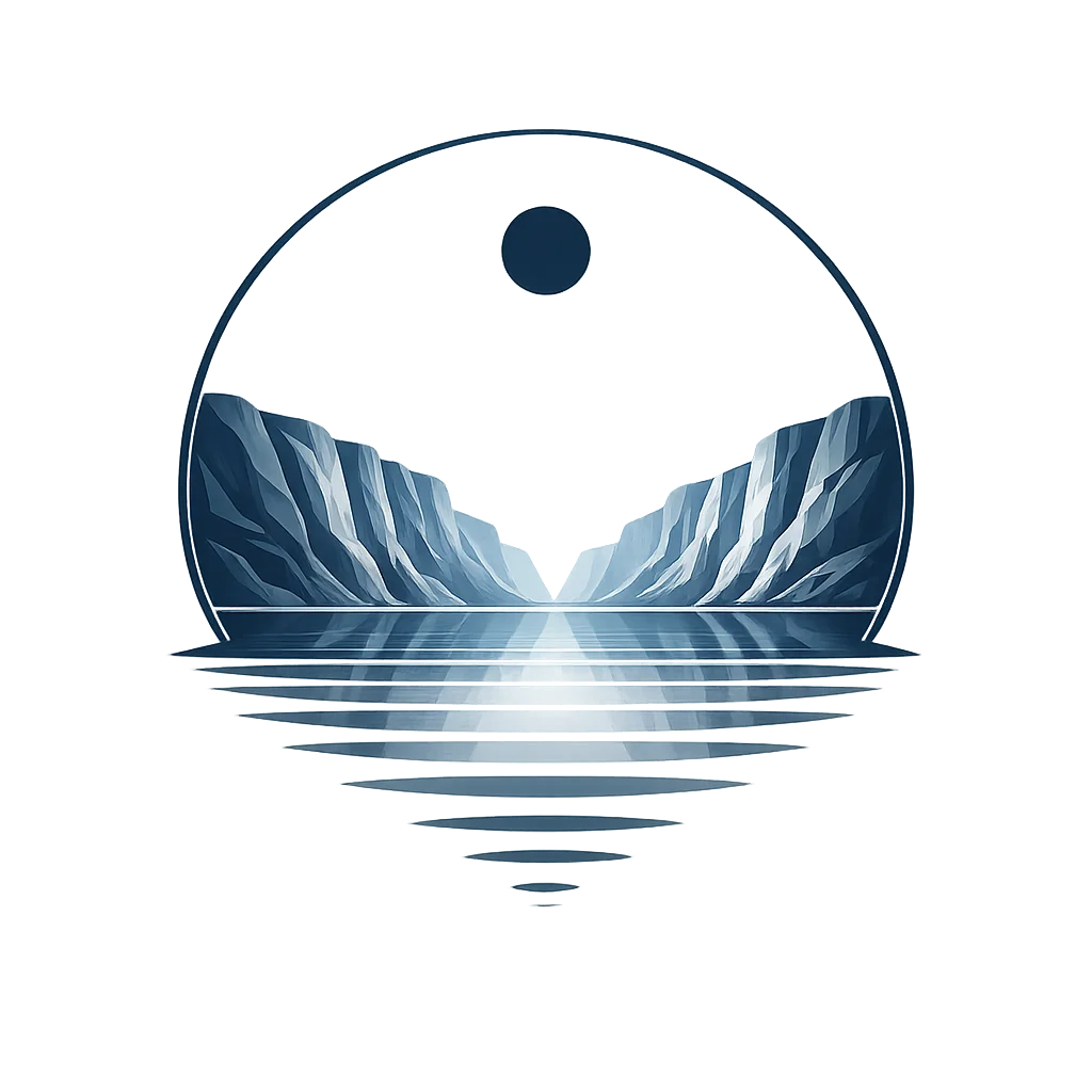 Minimalist Nordic polar dawn landscape with snow-covered mountains, calm water reflection, soft blue light, and wide negative space in a Scandinavian geometric style.