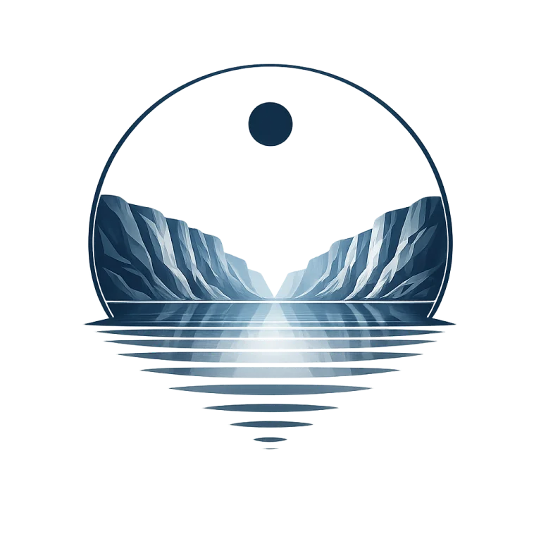Minimalist Nordic polar dawn landscape with snow-covered mountains, calm water reflection, soft blue light, and wide negative space in a Scandinavian geometric style.