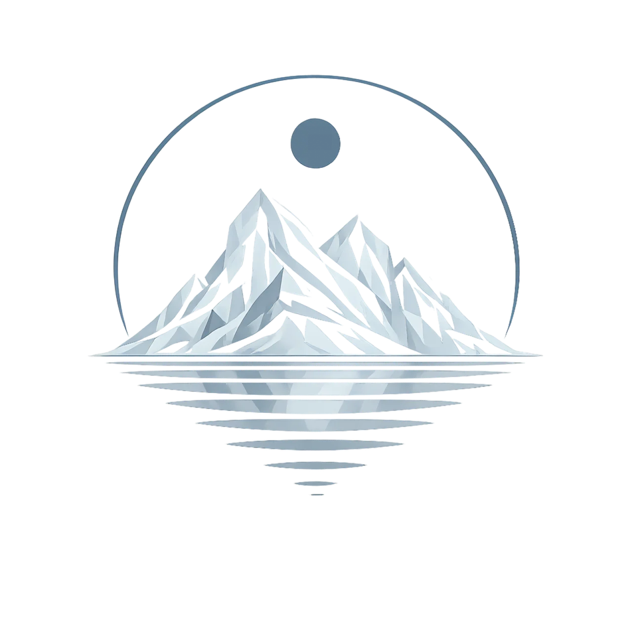 Minimalist Nordic winter landscape with snow-covered mountains, calm lake reflection, icy blue tones, and wide negative space in a Scandinavian geometric art style.