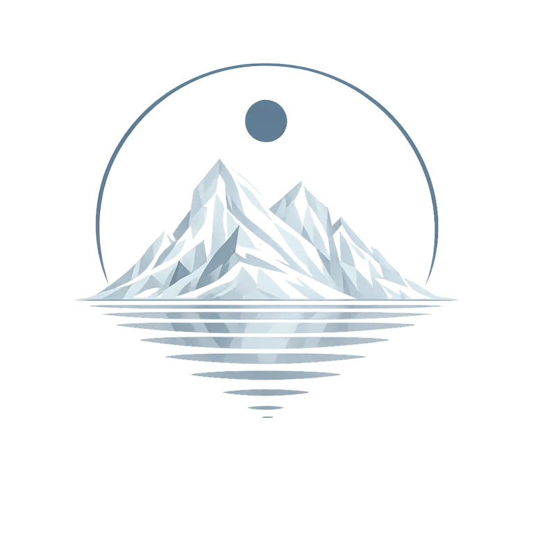 Minimalist Nordic winter landscape with snow-covered mountains, calm lake reflection, icy blue tones, and wide negative space in a Scandinavian geometric art style.