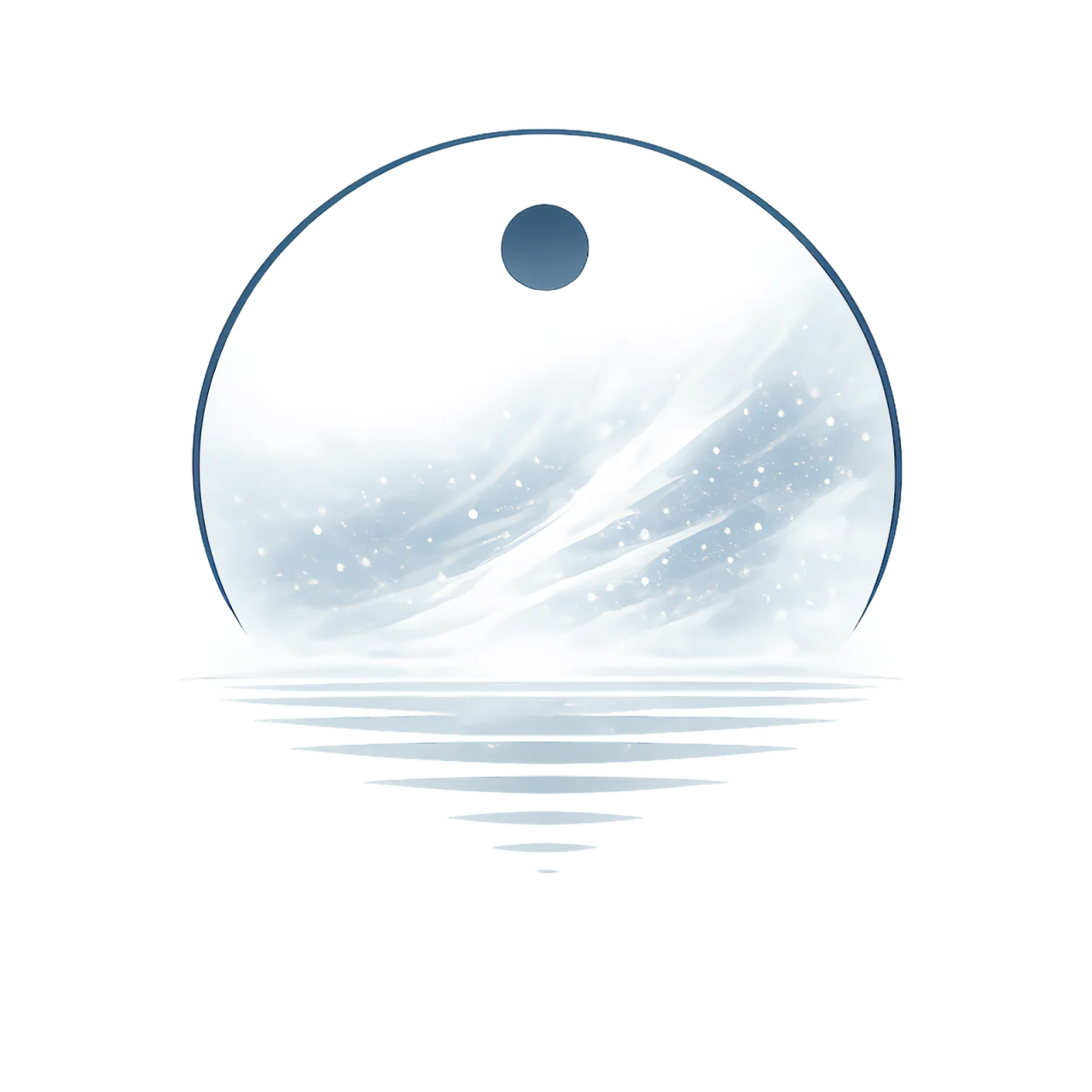 Minimalist Nordic mountain landscape covered by a subtle blizzard with snowy peaks, calm lake reflection, icy blue tones, and wide negative space in a Scandinavian art style.